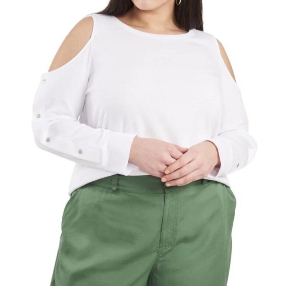 NWT Vince Camuto Plus Size Cold Shoulder White Snap Top 2X